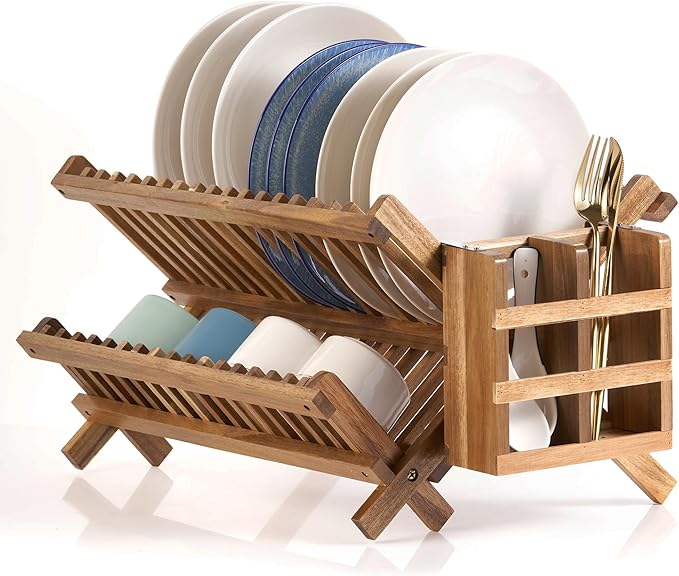 Acacia Wooden Dish Drying Rack for Kitchen Counter 2-Tier Collapsible Bmaboo Dish Drying Rack with Utensil Holder-Large Folding Dish Drainer Rack with Flatware Holder 34 pcs Grid