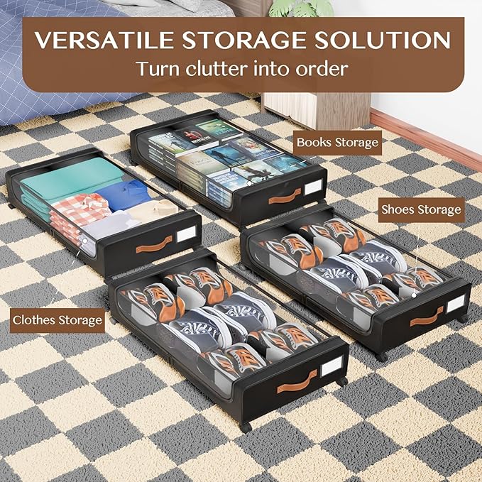 Under Bed Storage with Wheels, UnderBed Storage Containers with Clear Lid and Handles, XXL 60L Under the Bed Storage Bins Drawers for Clothes,Blankets,Shoes,Books (BLACK, 4 PACK)
