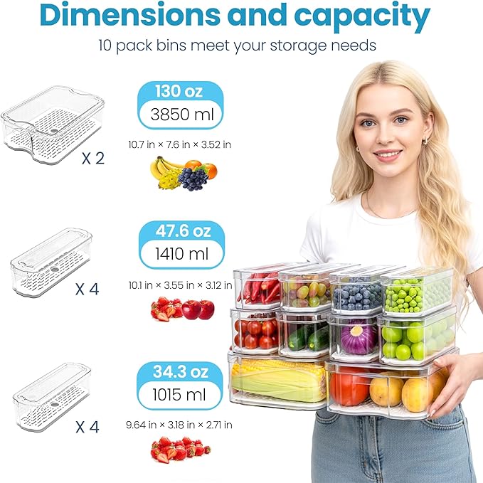 10 Pack Refrigerator Organizers, Clear Container and Organizer Bins with Lids, Stackable Storage Containers for Fruits, Vegetable (Set of 10)