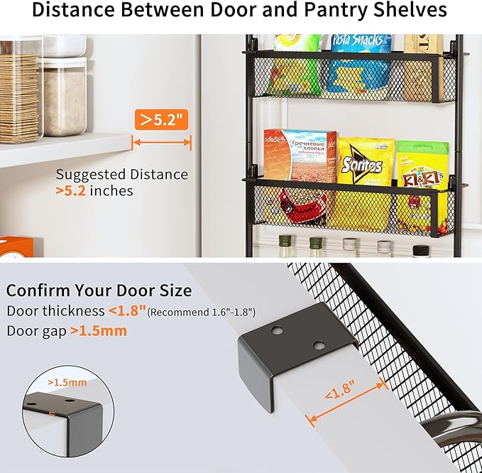 Over the Door Pantry Organizer, 6-Tier Pantry Door Organization and Storage, Over the Door Spice Rack, Home & Kitchen Storage Shelves for Cabinet, Black