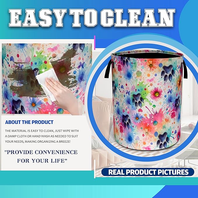 Colorful Dog Paw Prints Laundry Basket Oxford Cloth Pet Laundry Hamper With Handle Foldable Portable Clothes Storage Basket 18.9 X 16.5 Inch Storage Bag For Laundry Room/Bathroom/Bedroom/Dormitories