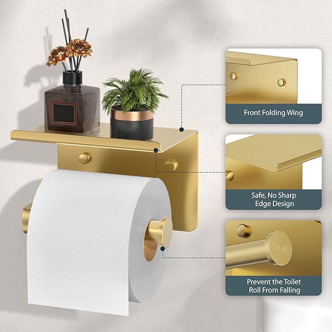 Toilet Paper Holder with Shelf, Adhesive or Screw Wall Mount Toilet Paper Roll Holder for Bathroom, 304 Stainless Steel Commercial Toilet Tissue Roll Dispenser with Phone Shelf (Brushed Gold)