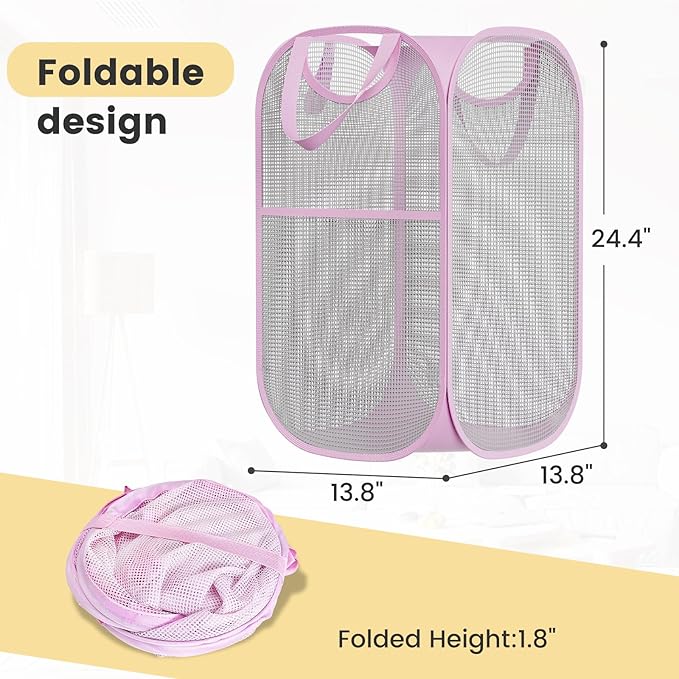 2 Pack Strong Mesh Pop-up Laundry Hamper, Quality Pop Up Hampers for Laundry with Durable Handles Solid Bottom High Carbon Steel Frame, Easy to Open and Fold Flat for Storage(Light Pink)