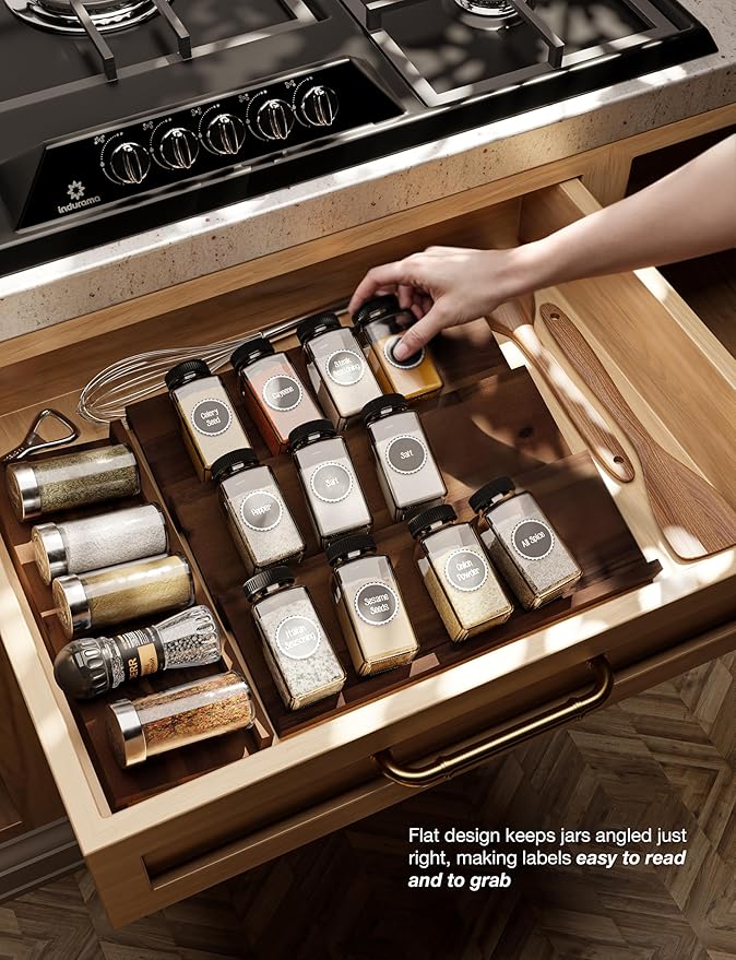 Tinamo Acacia Wooden Spice Rack Organizer for Cabinet - Spice Drawer Insert, Spice Organization for Cabinet, Seasoning Organizer, Spice Holder Pack of 4 (Walnut, Pack 4)