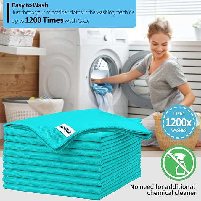 HOMERHYME Microfiber Cleaning Cloth - 10 Pack Glasses Cleaning Cloth, 16" x 14" Window Cleaning Rags, Streak Free Lint Free Polishing Cloths Wipes for Eye Glass, Stainless Steel, Windshield, Turquoise