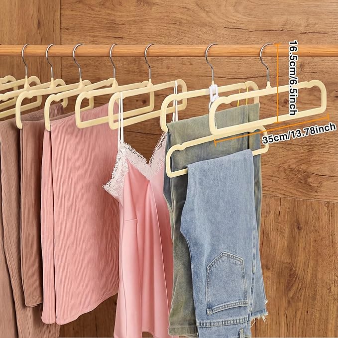 60 Pack Beige Velvet Pants Hangers with 60 Hooks Non Slip, Felt Trouser Hanger for Closet, Thin Space Saving Clothes Hanger, Strong, Durable, 360 Degree Rotatable Hook for Tank Top, Shorts