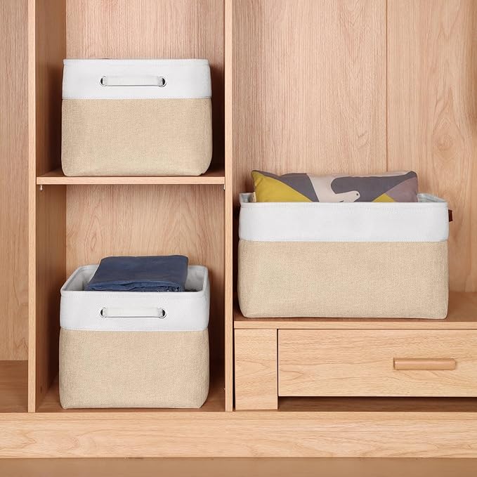 Kntiwiwo Foldable Storage Bin Collapsible Fabric Storage Basket Cube with Durable Handles Closet Organizer Bins for Organizing Shelves Drawers, Set of 3, 17" x 11.8" x 9.8", Beige