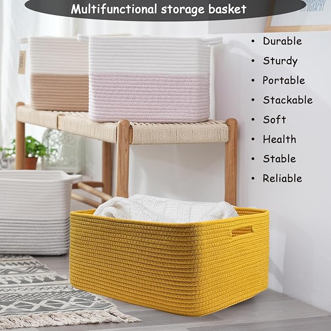 COMFY-HOMI 2 pcs Large Storage Baskets for Shelves, Laundry Basket, Woven Rope Basket, Closet Organizer Bins for Clothes Blanket Towels, Baby Nursery, Gift Toy Baskets, 17” x 13” x 7.5”-Yellow