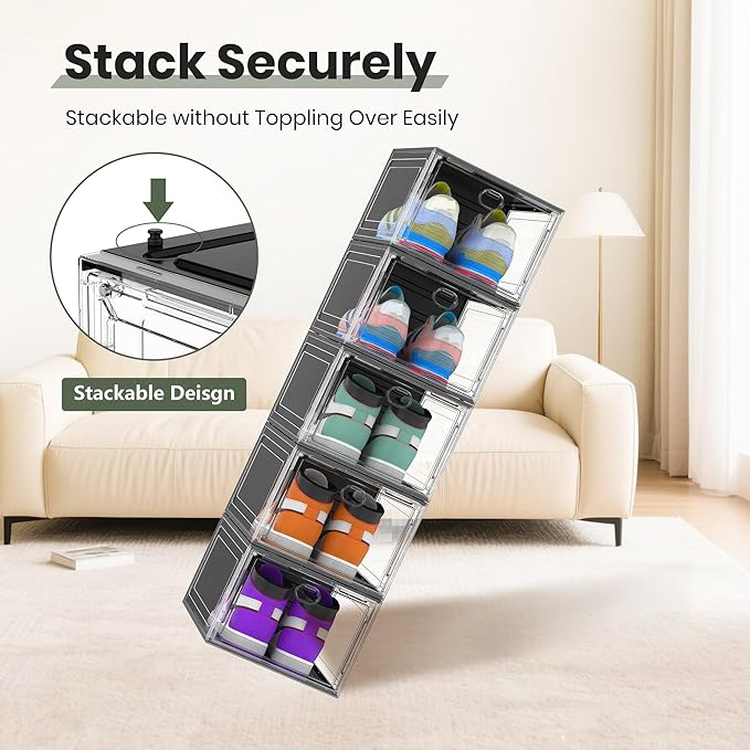 ALCCB Thicken Hard Clear Shoe Storage Organizer for Closet, 10 Pack Modular Plastic Stackable Shoe Storage Box Organizer, Shoe Sneaker Rack Display Case Containers Bins with Lids, Black Clear