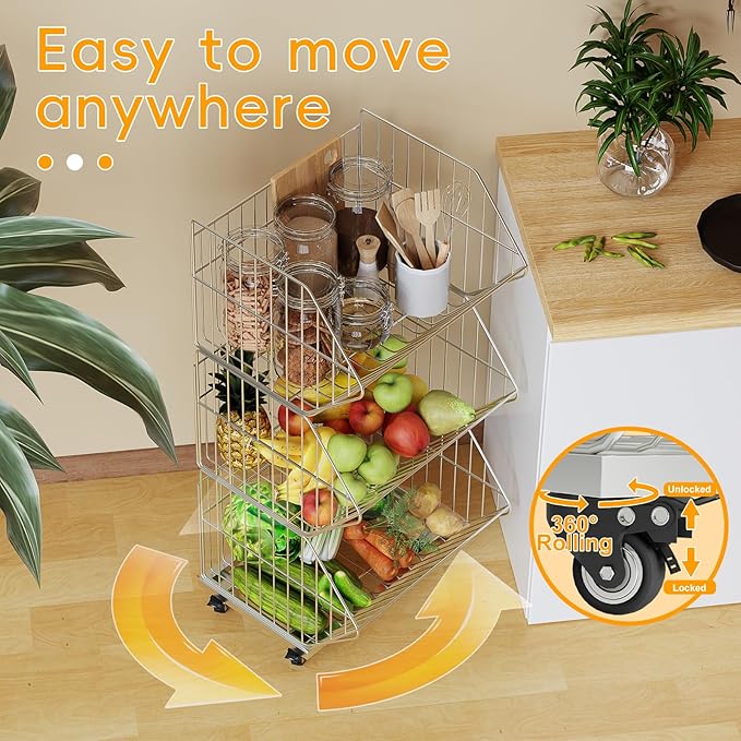 Standing Shelf Units, Wire Storage Basket with Wheels, Detachable and Foldable and Stackable to Save Space, Weight Capacity and Durable Racks/Organizer, for Kitchen Garage Closet (1 Tier) (1 Tier)