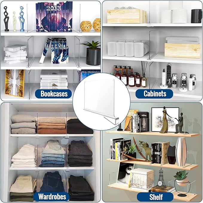 BAUMFEUER 8 Pack Clear Acrylic Shelf Dividers for Closet Shelf Organizer of Bedroom Kitchen Office Bathroom Organizer for Clothes Books Hats and Handbags