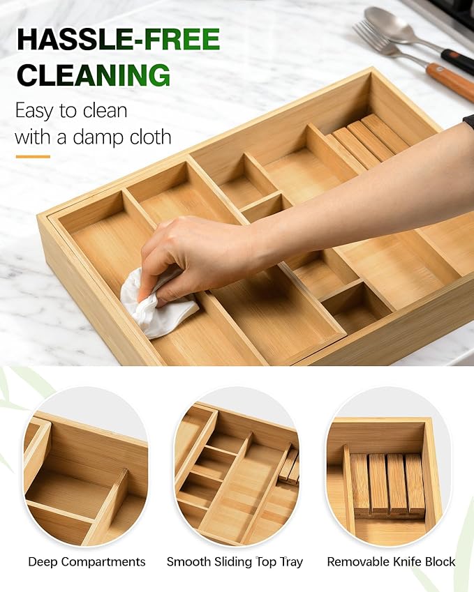 HULISEN Silverware Drawer Organizer with Sliding Top Tray, Double Layer Bamboo Utensil Organizer with Removable Knife Holder, Space-Saving Cutlery Organizer for Kitchen Drawers