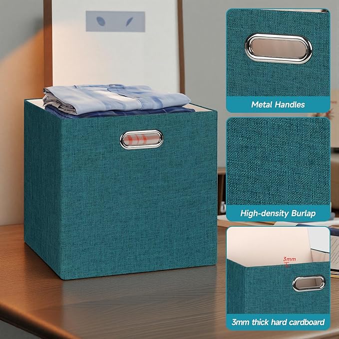 Posprica Collapsible Storage Bins,13×13 Foldable Storage Cube Boxes Fabric Drawer Fabric Storage Bins Vinyl Record Cubby Cubes with Handles for Bookcase, Closet, Shelf, Cabinet , 4 Pack