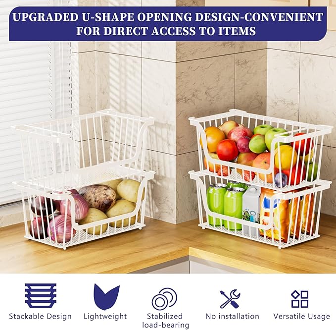 4 Pack Enhanced Leak-Proof Bottom Stackable Wire Baskets, Pantry Organizers and Storage, Pantry Storage，Shelf Baskets, Fruit Basket, Potato and Onion Storage Bins，(White)