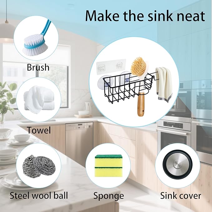 Sponge Holder with Dish Cloth Hanger for Kitchen Sink, In-sink Caddy Organizer with Suction Cups & Adhesive Strips, Rustproof Sponge Rack for Soap, Brush, Scrubber - Black（3 Pack）