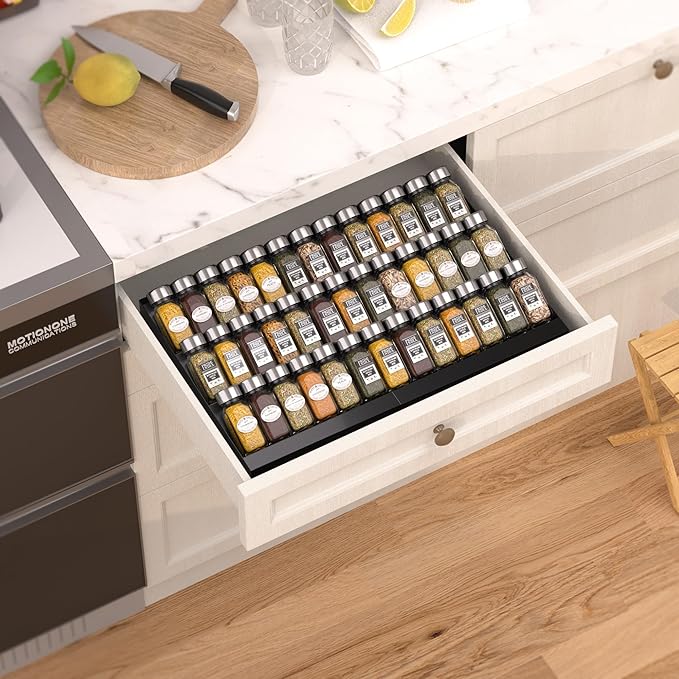 Expandable Metal Spice Drawer Organizer,3-Tier Slanted Seasoning Jars Tray for Kitchen Cabinet Drawers Insert/Countertop (Jars not included)-3Tier,1pack/Black