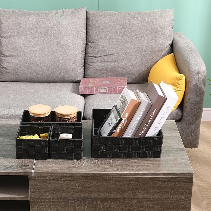 Woven Storage Baskets Set of 4, Stackable Fabric Storage Bins with Metal Frame for Closet, Shelf, Drawer, Nursery, and Office Organization – Polypropylene Organizer Boxes, Black