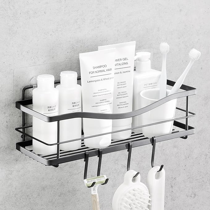 KINCMAX Premium Shower Caddy - Self Adhesive Shower Shelf with 4 Hooks - No Drill Large Capacity Stainless Steel Rack - Aesthetic Organizer for Bathroom Wall Decor - Matte Black
