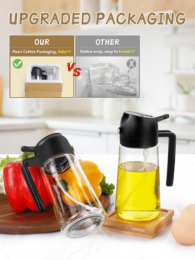 Kitchen Gadgets Oil Sprayer for Cooking 2pcs,Oil Dispenser for Kitchen,2 in 1 Oil Dispenser and Oil Sprayer,16oz Olive Oil Dispenser Bottle for Air Fryer,Salad, Grill (Black Kitchen Accessories)