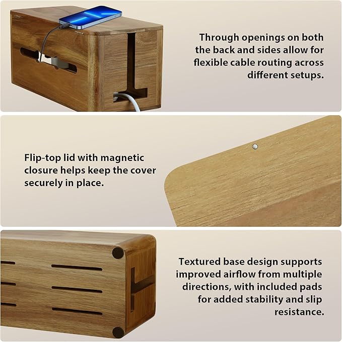 Large Acacia Wood Style Cable Management Box, Cord Organizer Power Strip Box with Magnetic Outlet Covers, Cord Hider for Desk and Floor Cable Storage, Ventilated Design