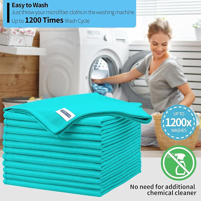 HOMERHYME Microfiber Cleaning Cloth, 12 Pack Window Glasses Cleaning Cloth, Reusable Lint-Free Streak Free Polishing Cloth Wipes for Stainless Steel, Eyeglass, Mirror, Screen & Lense, Turquoise
