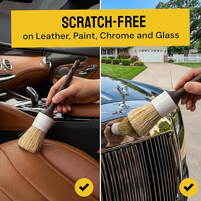 Boar Hair Detailing Brush Set - 9-Pack - Includes Wheel, Tire Brush & Tire Dressing Applicator - Soft Boar Hair Bristles - Scratch-Free Car Wash - Crevice Tools for Vents & Emblems