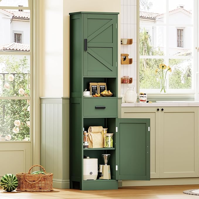 TEENFON 67" H Tall Bathroom Storage Cabinet with Barn Doors and Drawer, Narrow Bathroom Cabinet, Narrow Storage Unit, Adjustable Shelves, Floor Cabinets for Living Room, Forest Green UNSNG091V