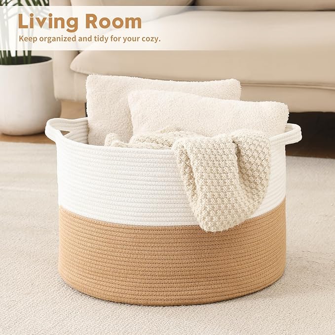 Foldable Laundry Hamper Basket with Collapsible Handle Cotton Rope Soft Woven Fabric Storage Organizer Clothes Toys Nursery Bedroom Dorm Space Saving Bin (White & Camel, 65L(19.7"D x 12.6"H))