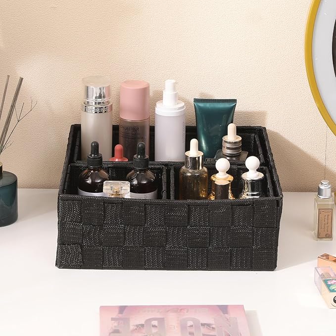 Woven Storage Baskets Set of 4, Stackable Fabric Storage Bins with Metal Frame for Closet, Shelf, Drawer, Nursery, and Office Organization – Polypropylene Organizer Boxes, Black