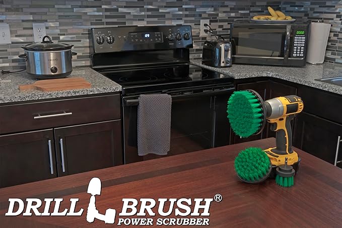 Kitchen Cleaning Supplies Set - Tile Electric Spin Scrubber - Stainless Steel Cleaner for Stove, Sink, and Oven - Household Cleaning Tools - Green Medium Stiffness Nylon Brush - Cast Iron Scrubber