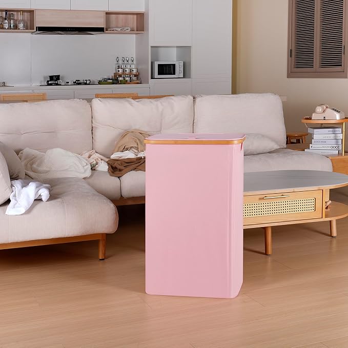 75L Slim Laundry Hamper, Narrow Laundry Basket with Lid,Foldable Clothes Hamper with Bamboo Handles,Hamper Basket with Removable Inner Bag for Laundry Room Bedroom College Dorm,19.8 Gals Pink