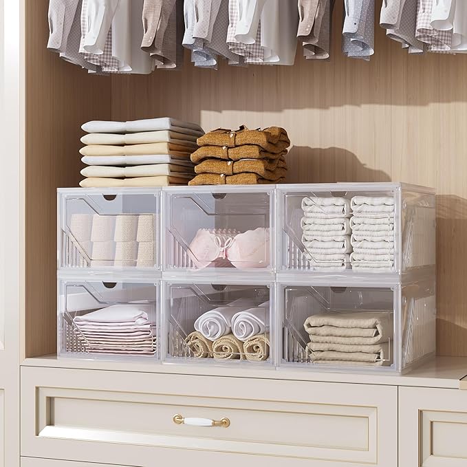 AWTATOS Shoe Boxes, 6 Pack Shoe Storage Organizers, Plastic Stackable Shoe Rack, Sneaker Containers, Toy Storage Bins for Entryway, Closet, Under Bed, Clear