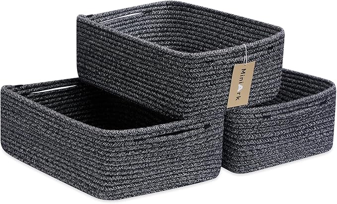 Large Shallow Organizing Baskets 15x11x5.1 Inches - Rope Woven Storage Bins for Bathroom, Shelves, Cube Closet, Mixed Black 3 Packs