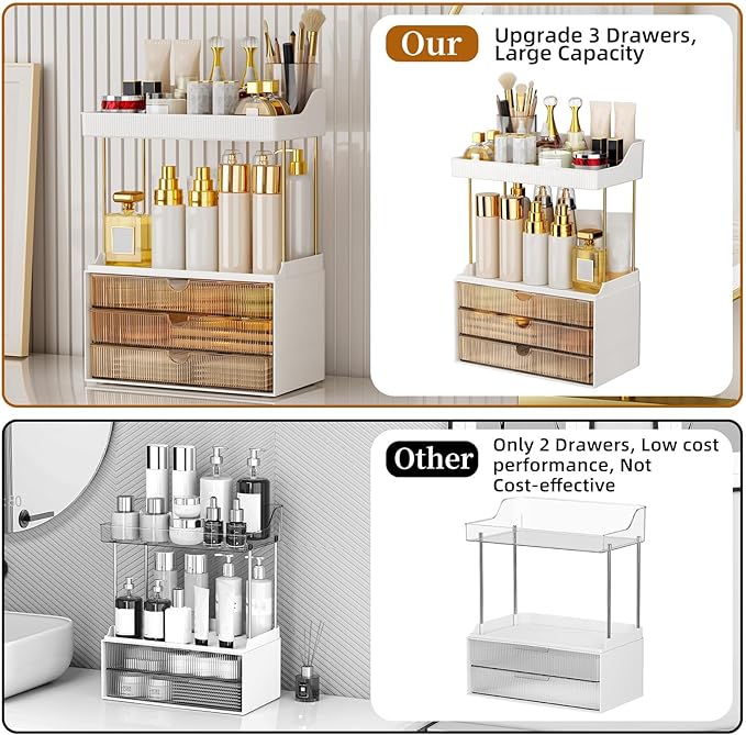 3 Large Drawers Makeup Organizer - 5 Tier Bathroom Counter Organizers and Storage, Versatile Perfume Vanity Organizer, Ideal for Cosmetic, Large Skincare, Face Mask, Office Supplies, Amber
