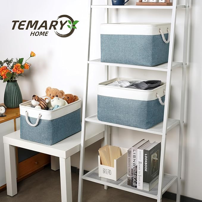 Temary Storage Baskets for Shelves 4 Pack Fabric Rectangle Baskets for Organizing Toys, Clothes, Decorative Bins with Handles (15 * 11 * 9.5"-White&Dark Green)