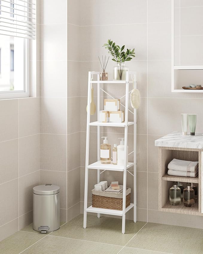 Ladder Shelf, Bookshelf Bookcase, Freestanding Corner Storage Shelve with 2 Hooks for Home Office, Living Room, Kitchen, Bedroom, Industrial, 4-Tier White BC13213W
