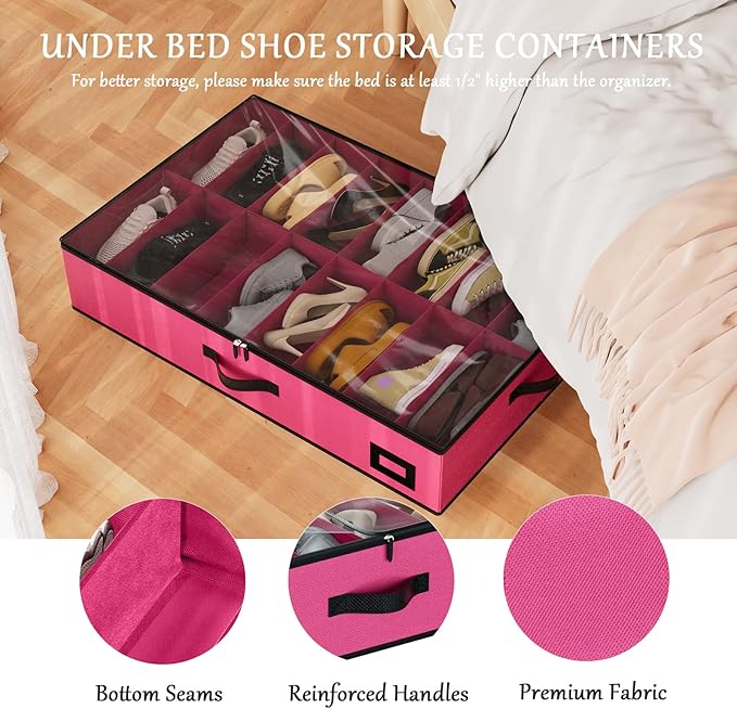 homyfort Under Bed Shoe Storage Organizer, 600D Material Underbed Shoes Storage Containers, set of 2, fits up to 32 Pairs of Shoes (Pink)