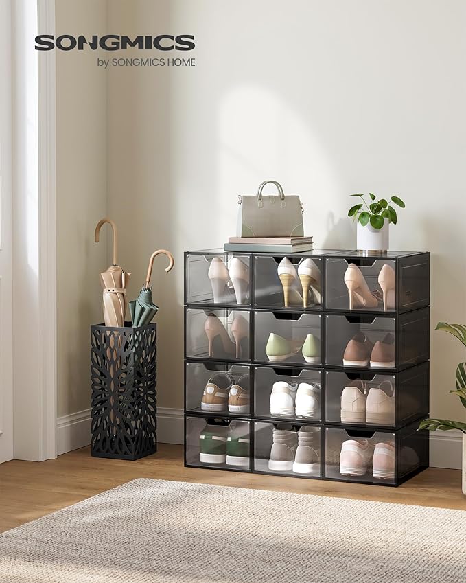 SONGMICS Shoe Boxes, Clear Shoe Organizers, Set of 6, Plastic Shoe Storage with Clear Door, Easy Assembly, up to US Size 13, Transparent Black ULSP406B01