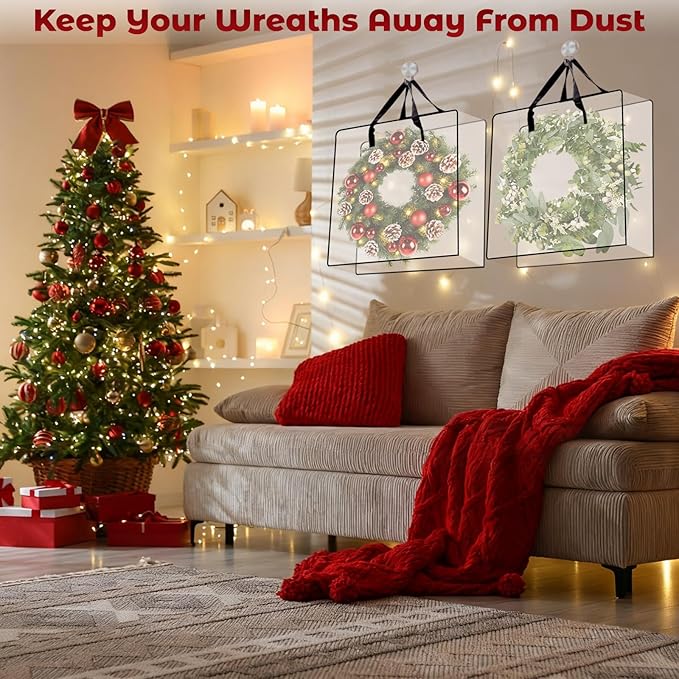 Wreath Storage Bag, 26 Inches Wreath Storage Container Christmas Decoration Garland Container Clear Storage Bags Moving Bag for Wreaths Clothes Gift Pillow Under Bed Storage (Transparent - 2 PACK)