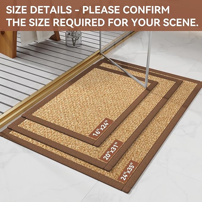 YDKGL Bath Mat Bathroom Rugs Non Slip Washable, Soft Jute-Like Ultra Thin Bath Mats, Rubber Backing Super Absorbent Quick Dry Thin Bath Rug Shower Mat Fit Under Door Bathroom Tub Floor, Brown 20"x32"