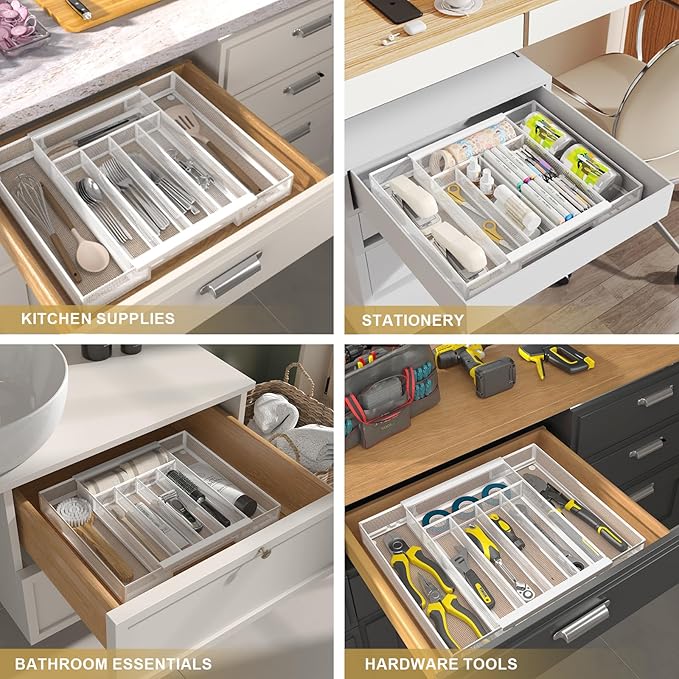 Silverware Organizer Metal Mesh, Drawer Organizer, Utensil Cutlery Tray for kitchen drawers,Expandable Flatware Organizer with 7 Compartment White 9.6"~16.1" x 13.8"