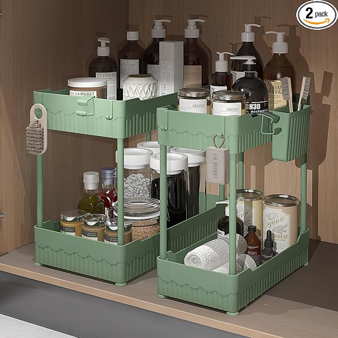 2 Pack Under Sink Organizer, Under Bathroom Cabinet Organizer with Hooks Hanging Cup, Multi-Purpose Storage Shelf for Kitchen Bathroom (Green, XL)