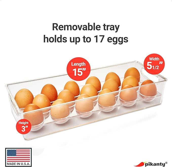 Pikanty - Egg Holder and Fridge Organizer | Clear Food-Grade Plastic Refrigerator Egg Storage Container | Holds Up to 17 Eggs | Dishwasher Safe, Heat and Freezer Resistant | Made in USA