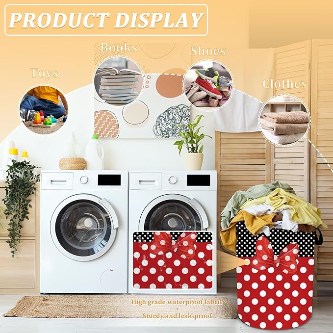 Black Red Polka Dot Laundry Basket, Cute Bow Tie Laundry Hamper Foldable Waterproof Funny Tote Bag Dirty Clothes Storage Bucket Toy Organizer for Bathroom/Laundry/Bedroom 15.7"x19.6"