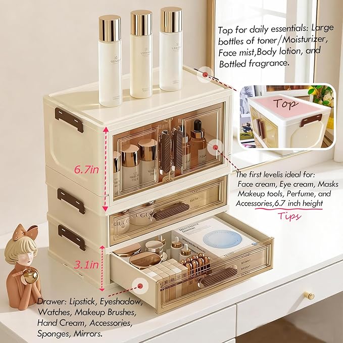 A stackable desktop organizer with drawers and compartments, ideal for storing cosmetics, beauty tools, jewelry, and school supplies in a student dorm. Features a convenient magnetic door handle.