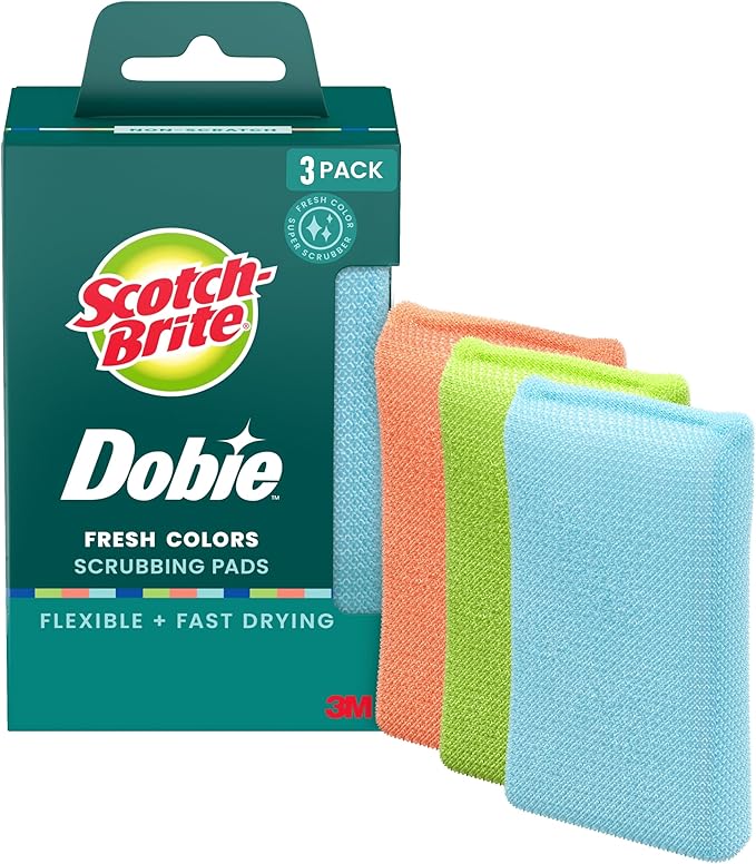 Scotch-Brite Dobie Non-Scratch All-Purpose Scrub Pads, 6 Total Pads (2 Packs of 3), Reusable Scouring Sponges for Kitchen & Bathroom, Safe on Non-Stick Cookware, Assorted Colors