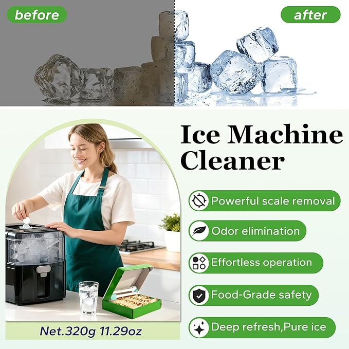Ice Machine Cleaner and Descaler with 2 cleaning brushes,Ideal for Frigidaire, Opal, GE Profile, Kitchenaid units.Ice Maker Cleaner Removes Lime Scale,Calcium.Nickel Safe Scale Remover (43 Tablets)