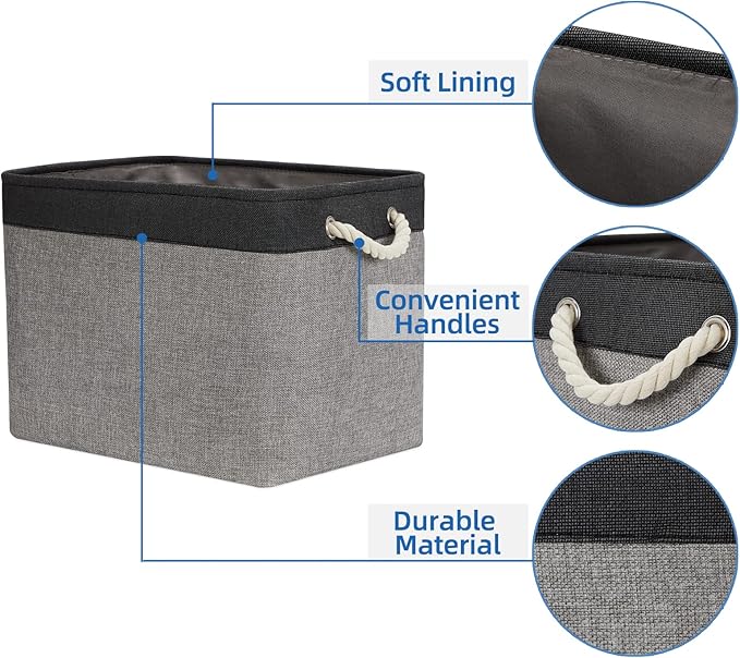 Temary Large Storage Baskets 2 Pack Cloth Basket for Shelves Collapsible Decorative Storage Organizer Baskets Canvas Storage Bins with Handles for Home(Grey&Black,16Lx12Wx12H Inches)