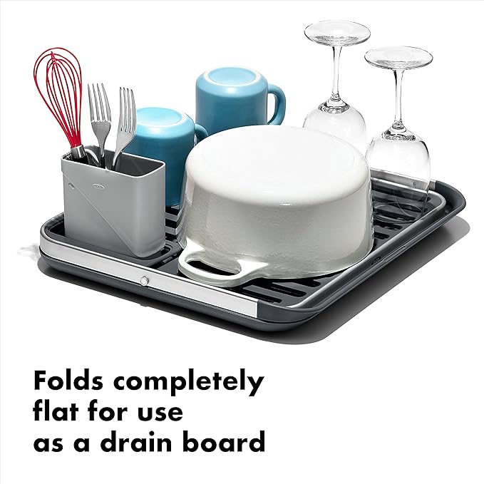 OXO Good Grips Aluminum Fold Flat Dish Drying Rack, 2-Tier, with Drainboard, for Kitchen Counter, Collapsible