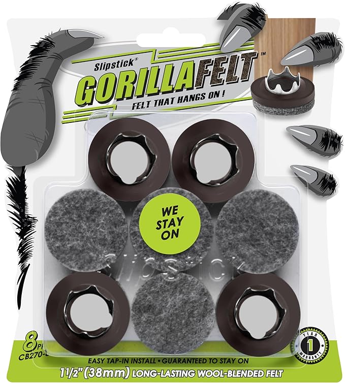Slipstick GorillaFelt 1-1/2 Inch Felt Glides/Furniture Feet Floor Protectors (Set of 8 Sliders) Nail On Felt Furniture Pads Guaranteed to Stay On, Round, CB270-8